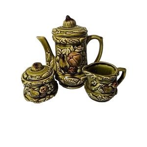Vtg 1960s Green Fruit Tilso Japan Ceramic Pitcher w/lid Sugar Bowl & Creamer Set
